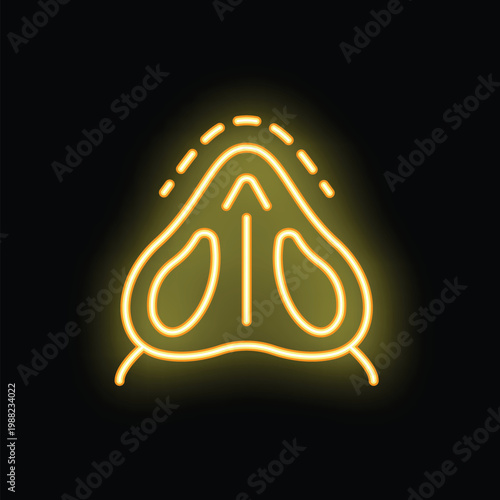 Yellow neon icon of a nose breathing showing the nasal passage on a black background
