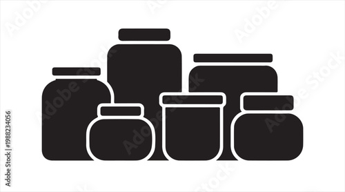 Black jar icons arranged in group, simple kitchen and packaging illustration