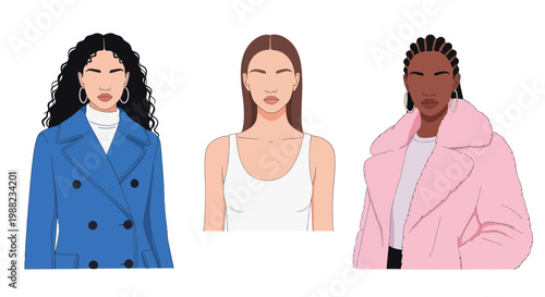 Diverse women fashion illustration with minimalist style and confident gaze