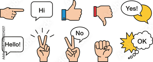 A colorful illustration of hands and speech bubbles conveying various emotions and greetings