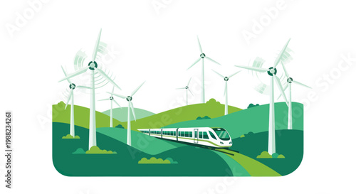 Sustainable transportation with wind energy in a green landscape.