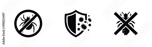 Set of vector icons for pest control and protection, featuring anti-tick, immune defense, and anti-lice symbols in a minimalist black and white style.
