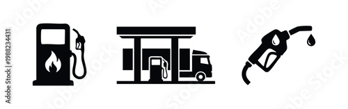 Set of black gas station icons featuring a petrol pump, a truck stop, and a fuel nozzle with a drop, isolated on a white background.