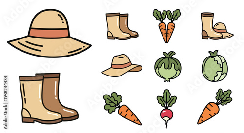 Set of gardening icons with straw hat rubber boots and organic vegetables