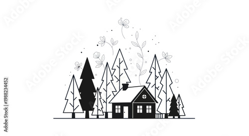 Minimalist line art illustration of a cozy cabin in a pine forest with floral accents