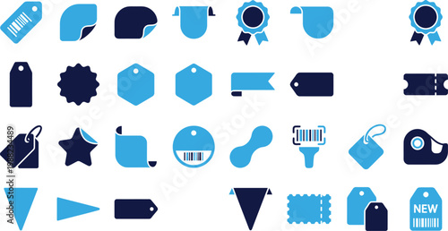 Assortment of blue and dark blue price tags labels and discount coupons on white background.