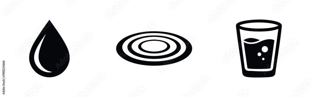 Fototapeta premium Minimalist black icon set featuring a water drop, concentric ripples, and a glass of water, isolated on white. Ideal for hydration and purity themes.