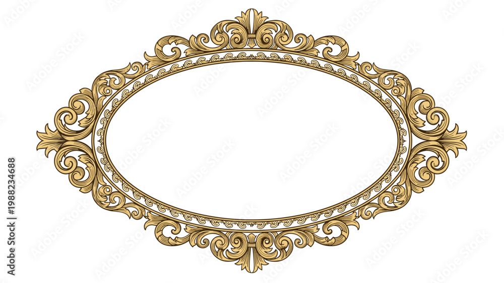 Obraz premium Elaborate golden oval frame with ornate baroque scrolls and classical decorations on a plain white background for art decor.