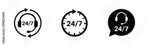 Set of black 24/7 customer support service icons featuring headphones, clock, and speech bubble symbols, symbolizing around-the-clock assistance.