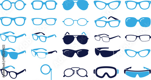 Diverse collection of blue framed eyeglasses and sunglasses on white background.