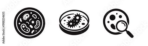 Minimalist black icon set depicting petri dishes with bacterial cultures and a magnifying glass, symbolizing laboratory research and microbiology.