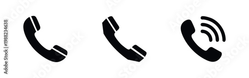 A set of three black telephone handset icons on a white background, representing incoming calls, communication, and contact support symbols.