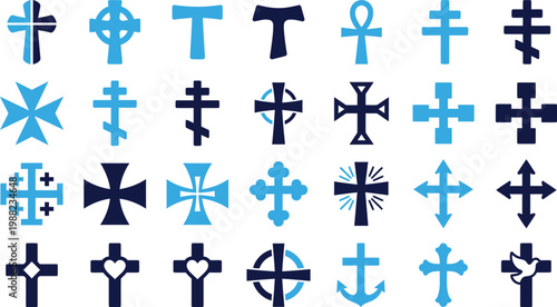 Collection of various blue and dark blue Christian cross symbols on white background.