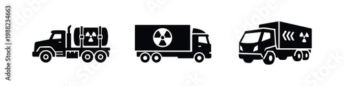 Set of black silhouettes depicting trucks transporting hazardous radioactive materials and nuclear waste. Minimalist flat icons on a white background.