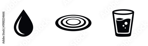 Minimalist black icon set featuring a water drop, concentric ripples, and a glass of water, isolated on white. Ideal for hydration and purity themes.