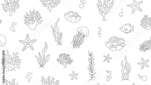 Detailed line art seamless pattern showcasing various sea creatures like jellyfish, starfish, coral reefs, and small fish in a doodle style.