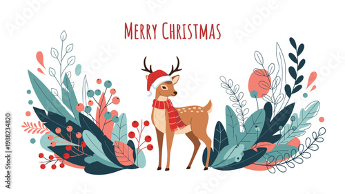 Festive Christmas greeting card illustration featuring a cute reindeer wearing a Santa hat and red scarf within a lush floral border.