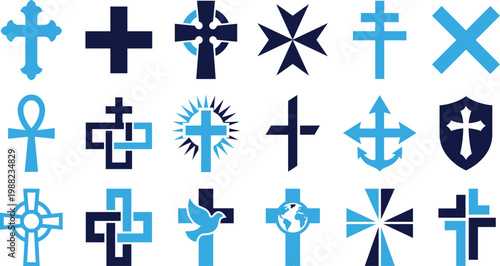 Collection of Christian and religious cross symbols flat icons.