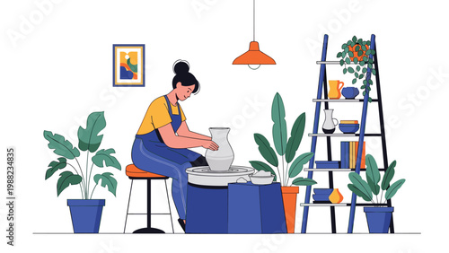 Skilled female artist creating a ceramic vase on a pottery wheel in a well organized studio filled with plants and shelves of pottery.