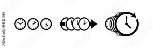 Set of minimalist black and white time management icons representing clock cycles, fast speed, and chronological progression on a white background.