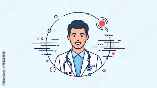 Friendly male doctor wearing a white coat and stethoscope surrounded by abstract medical and health related icons and symbols.
