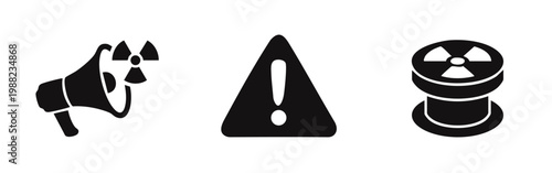 Set of minimalist black icons representing radiation hazard warning, emergency announcement megaphone, and radioactive material container.