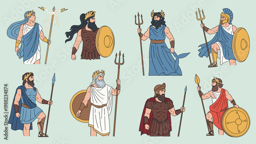 Collection of Greek gods and heroes depicted with their traditional weapons, armor, and regalia like tridents, shields, and lightning bolts.