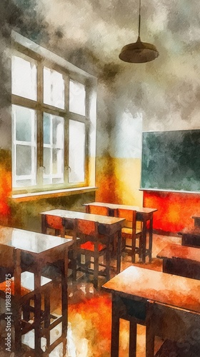 Empty Classroom With Desks and Blackboard