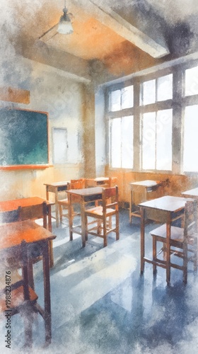 Empty Classroom with Sunlight Through Windows