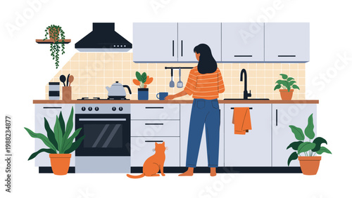 Peaceful domestic scene of a woman standing in a modern white kitchen while her ginger cat sits patiently on the floor nearby.