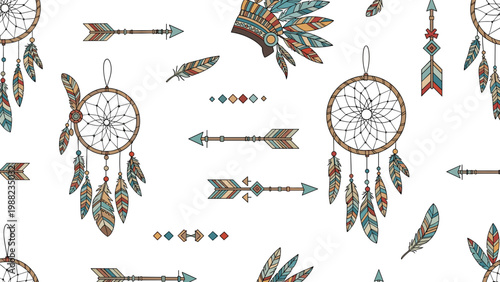 Seamless pattern inspired by Native American culture featuring hand drawn dreamcatchers, arrows, feathers, and tribal headdresses.