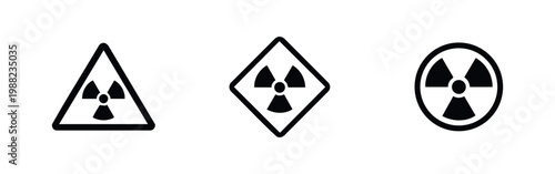 Set of black radiation hazard icons in triangle, diamond, and circle shapes. Minimalist vector symbols for nuclear warning on white background.