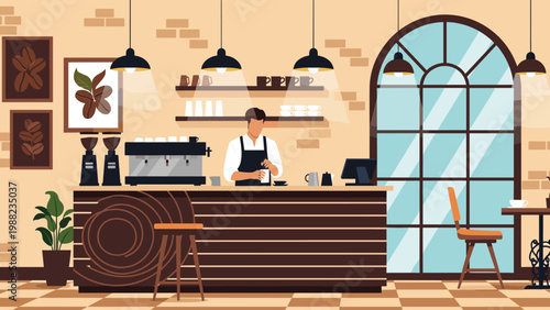 Professional barista preparing coffee behind a wooden counter in a stylish, modern cafe with large windows and brick walls.