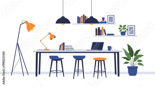 Clean and modern workspace featuring a long white table, colorful stools, various lamps, and books for a productive environment.