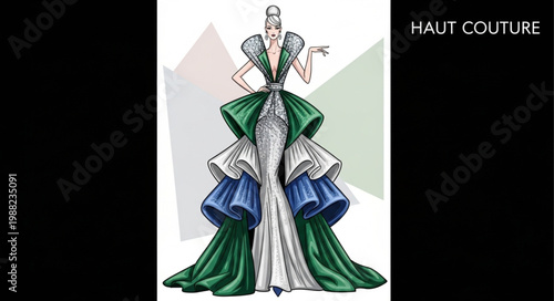 Green and White Fashion Gown.