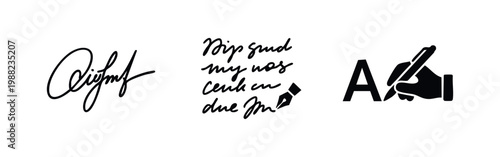 Set of minimalist black icons featuring a calligraphic signature, handwritten text with a fountain pen nib, and a hand writing the letter A.