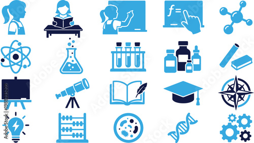 Science and education icons including chemistry, physics, biology and learning symbols.