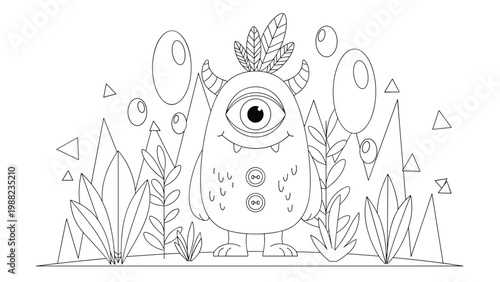 Fun coloring page illustration of a large one eyed monster standing in a stylized landscape of plants and abstract shapes.