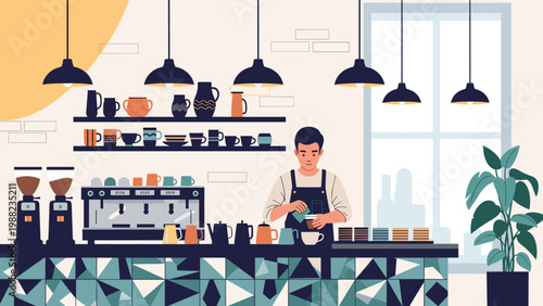 Busy barista at work behind a long counter filled with coffee equipment and various ceramic pots in a modern coffee house.