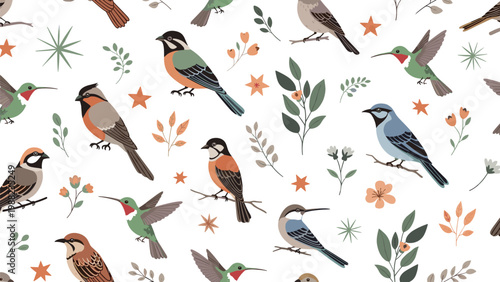 Colorful and charming seamless pattern of various songbirds perched on branches and flying among leaves and small stars.