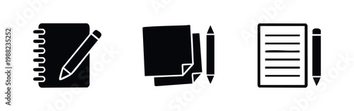 Set of black and white notebook, sticky note, and paper icons with pencils, symbolizing writing, brainstorming, and organization on white background.