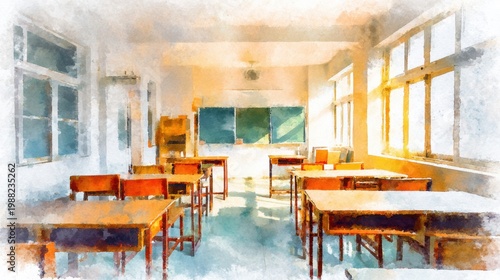 Empty Classroom with Desks and Chalkboard