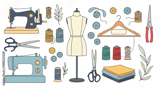 Comprehensive collection of sewing equipment including sewing machines, mannequins, thread, scissors, and fabrics for tailoring.