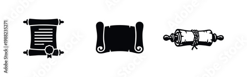 Collection of three black scroll icons featuring a formal diploma with seal, a blank open parchment, and a tied ancient manuscript on white.