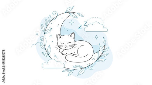 Sweet and whimsical line art illustration of a cute cat sleeping soundly on a crescent moon surrounded by stars and clouds.