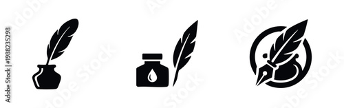 Set of three black icons featuring quill pens and inkwells, perfect for literature, poetry, storytelling, and classic writing themes.