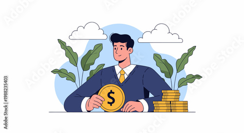 Businessman Holding Dollar Coin Close.