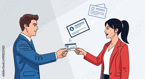 Businessman and businesswoman exchanging money.