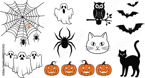 Halloween spooky elements collection, ghost bat spider web pumpkin black cat owl icons, scary holiday vector illustration set