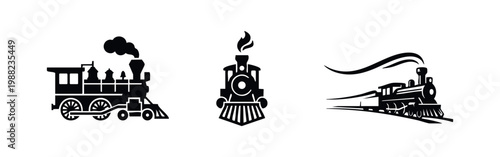 Set of vintage steam engine silhouettes. Minimalist black icons of classic locomotives in side, front, and perspective views on a white background.
